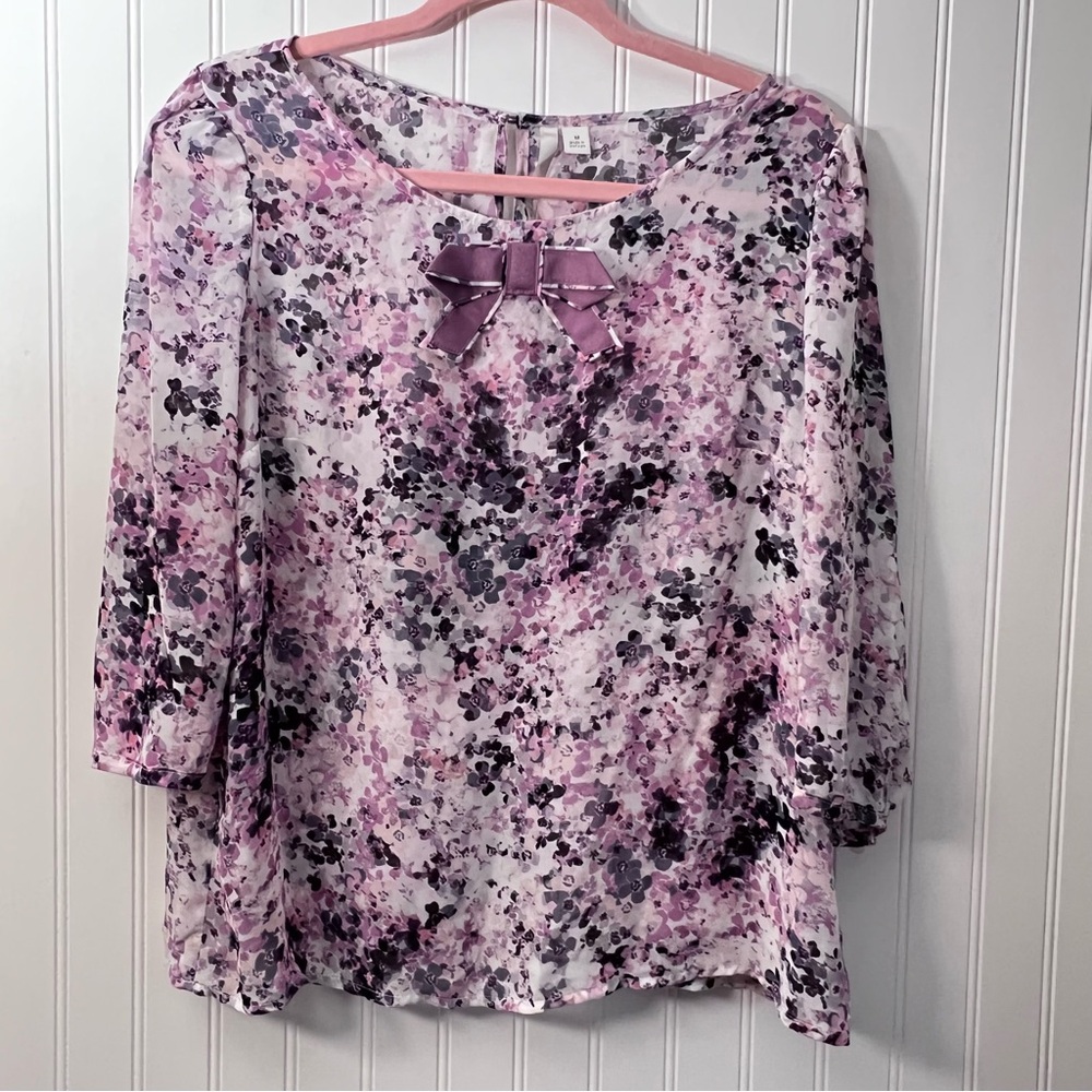 LC Lauren Conrad Sheer Blouse Top M Girly Floral Bow Pink Mauve Periwinkle